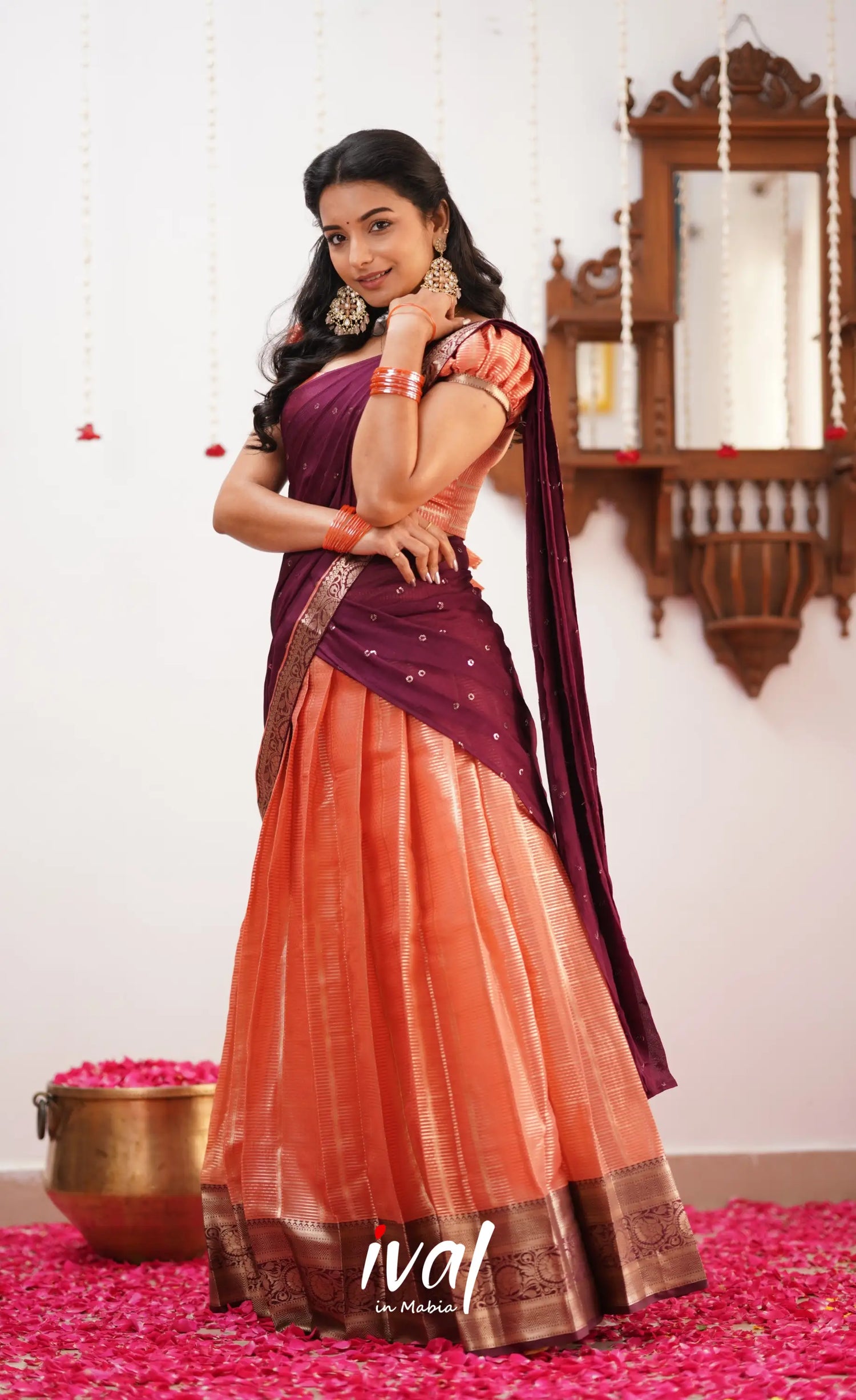 Izhaiyini Shade Of Peach And Dark Maroon Tone Organza Halfsaree Half Sarees