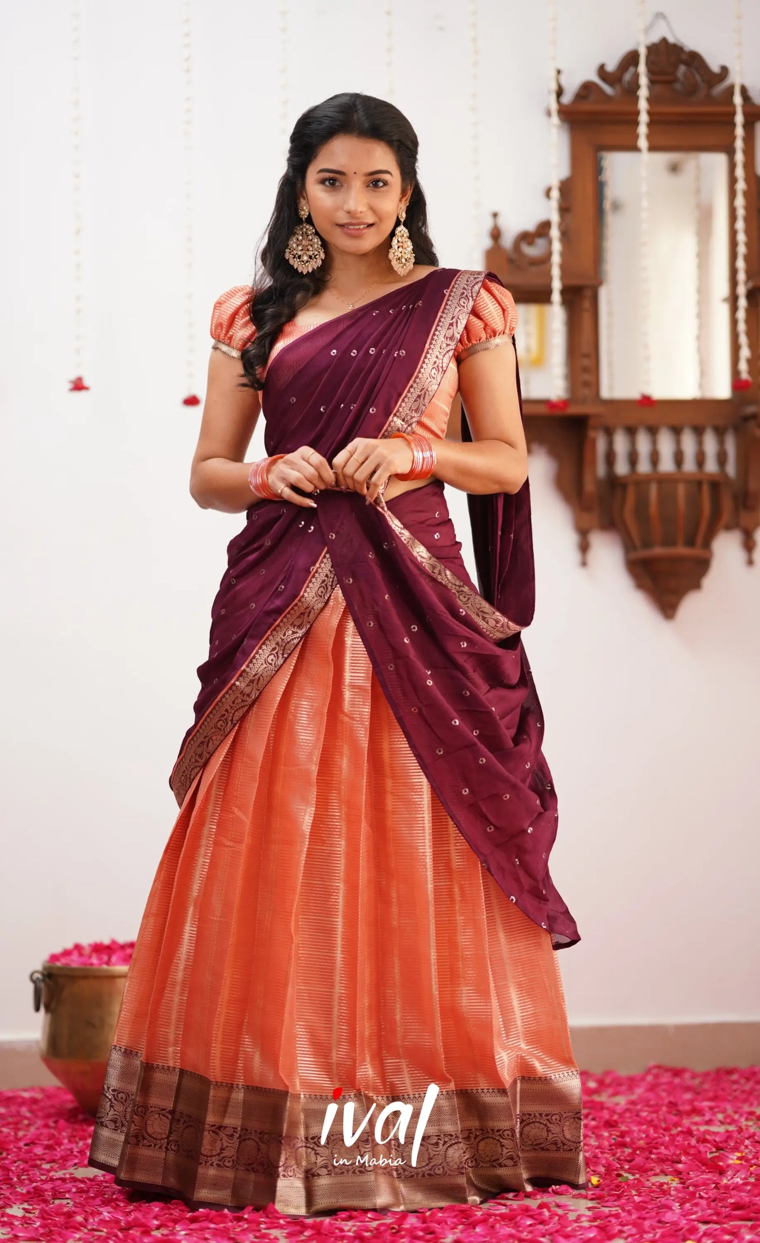 Izhaiyini Shade Of Peach And Dark Maroon Tone Organza Halfsaree Half Sarees