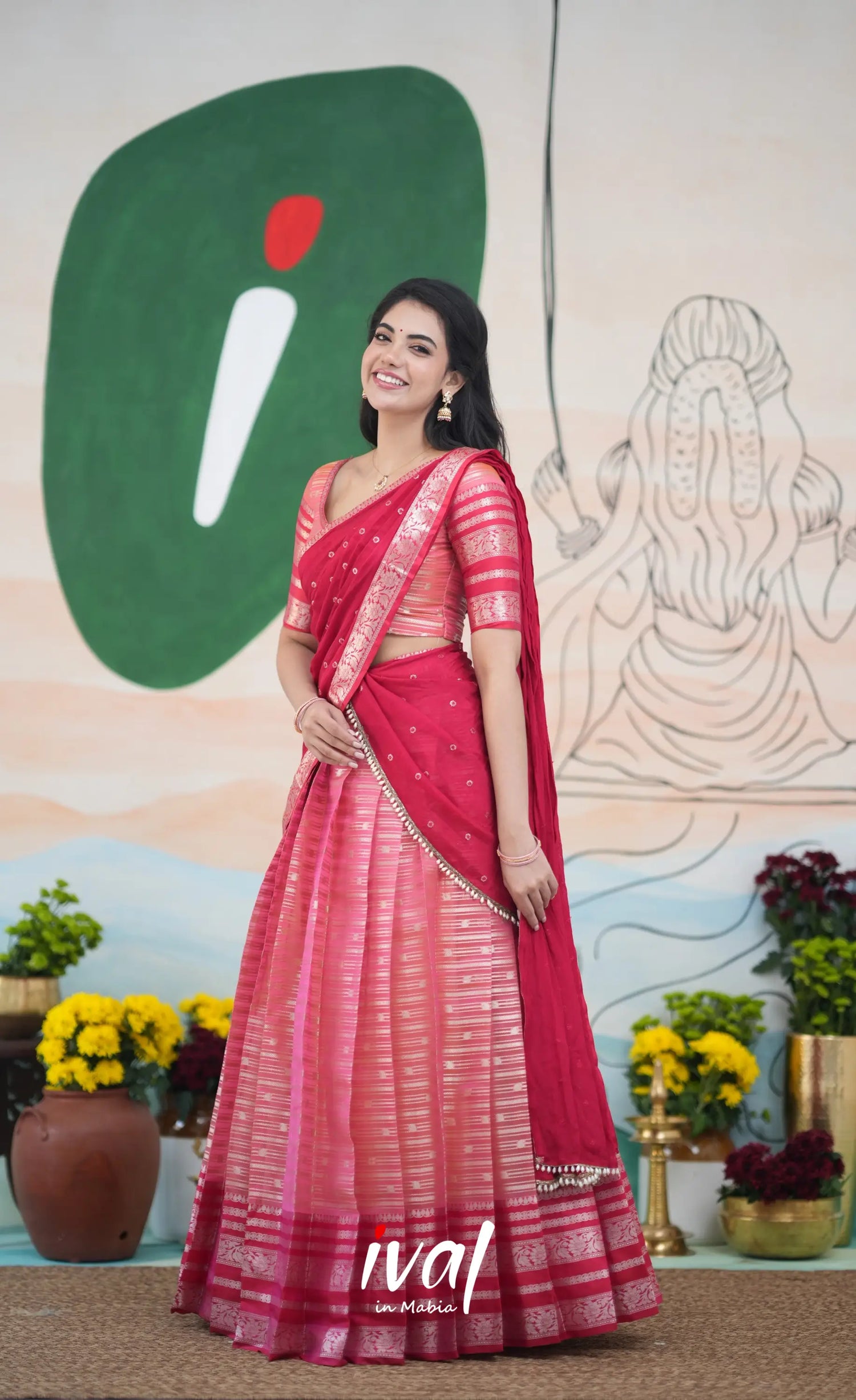 Izhaiyini Halfsaree - Pink and Bright Red Half Sarees