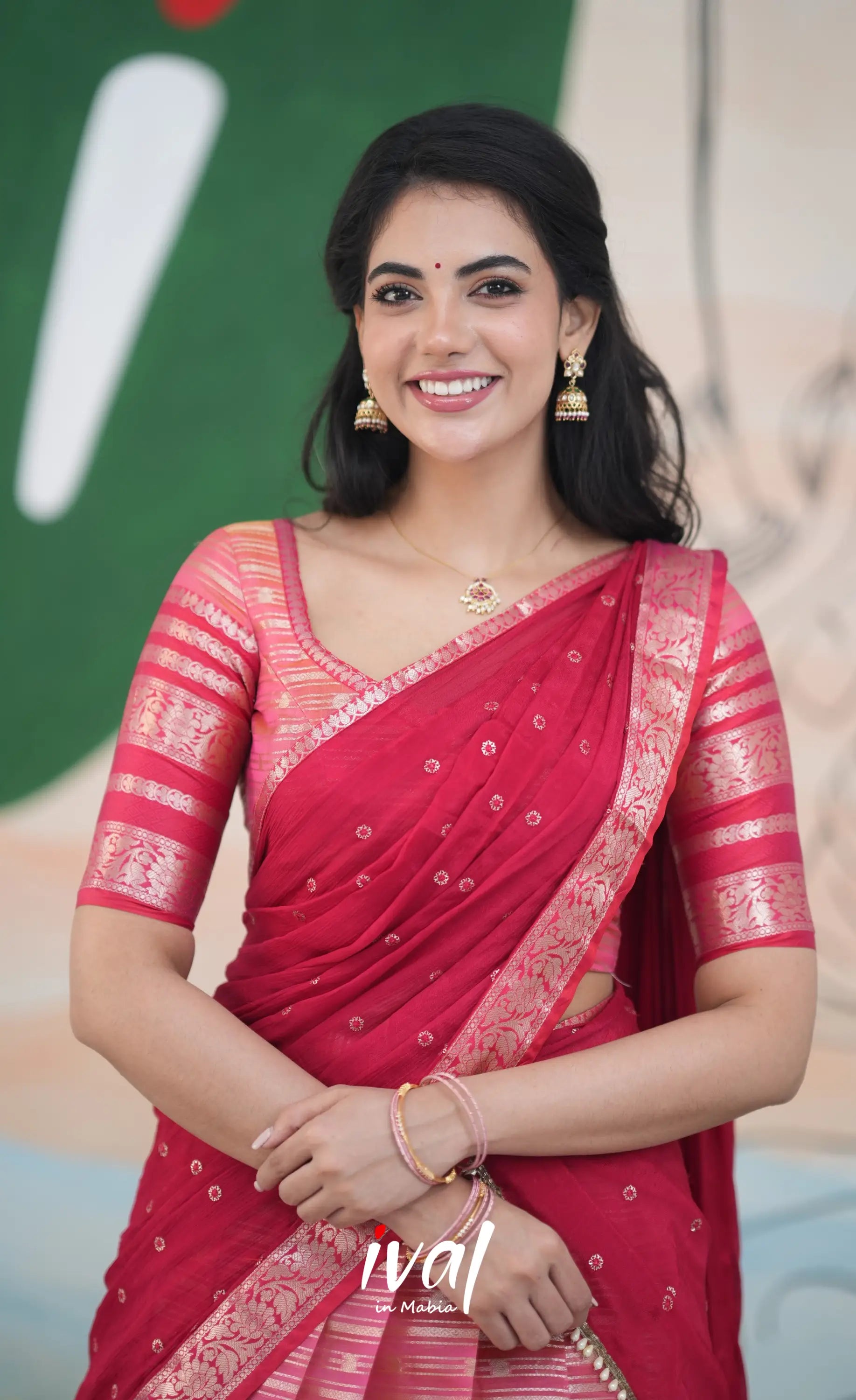 Izhaiyini Halfsaree - Pink and Bright Red Half Sarees