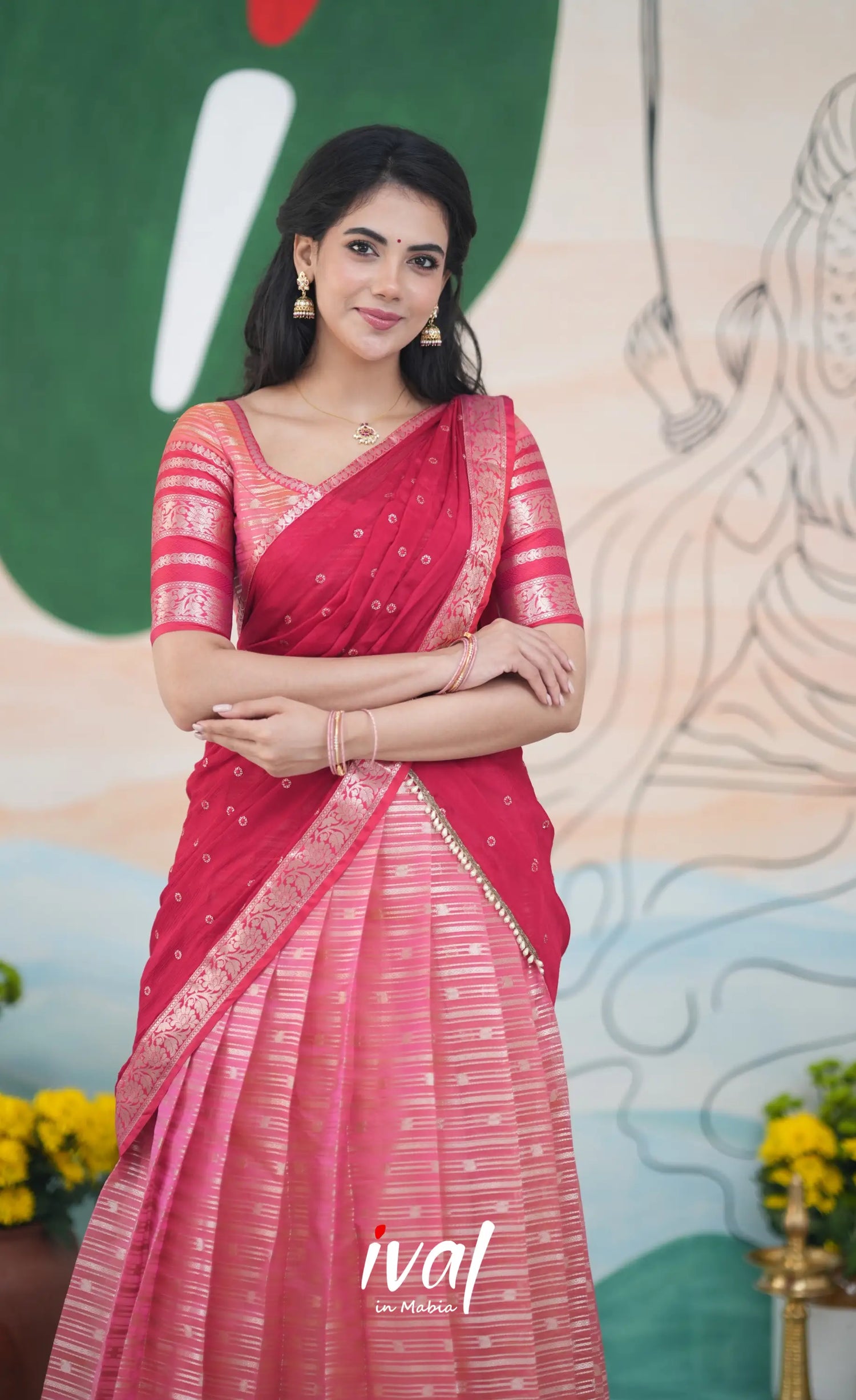 Izhaiyini Halfsaree - Pink and Bright Red Half Sarees