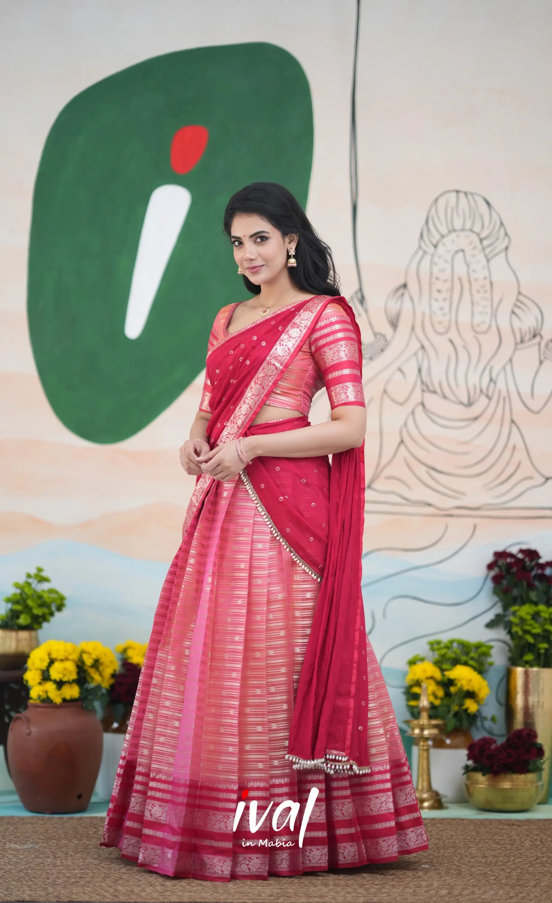Izhaiyini Halfsaree - Pink and Bright Red Half Sarees