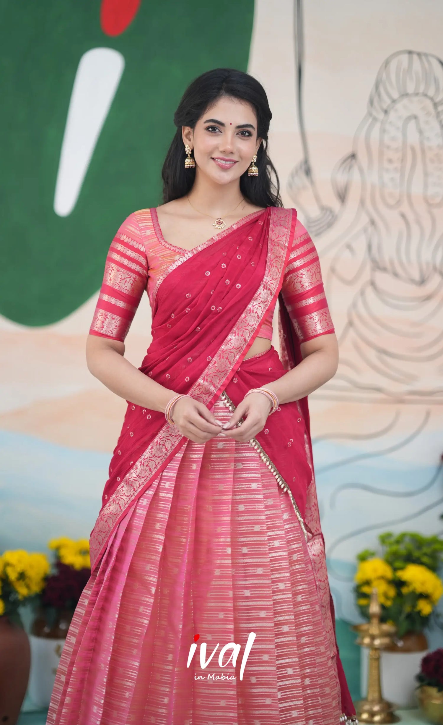 Izhaiyini Halfsaree - Pink and Bright Red Half Sarees