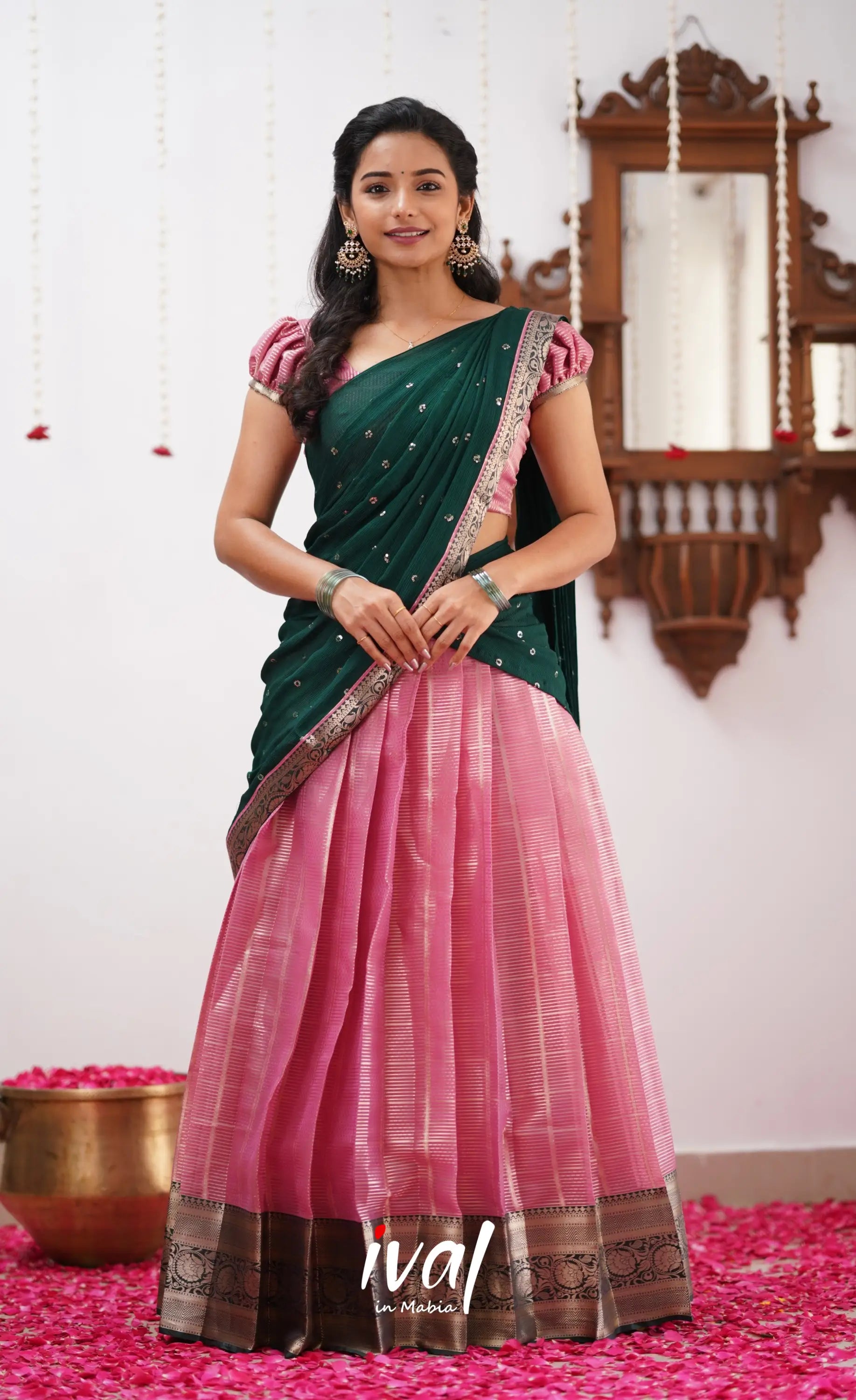 Izhaiyini Shade Of Light Pink And Dark Green Tone Organza Halfsaree Half Sarees