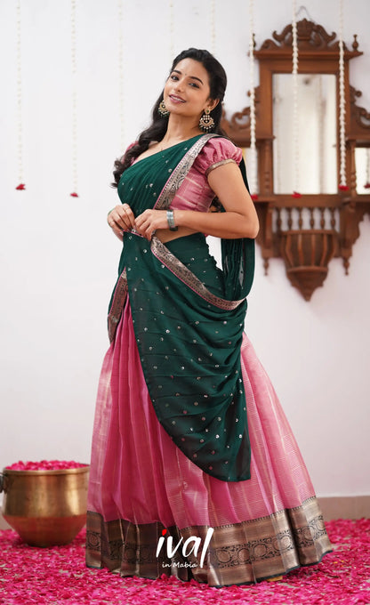 Izhaiyini Shade Of Light Pink And Dark Green Tone Organza Halfsaree Half Sarees