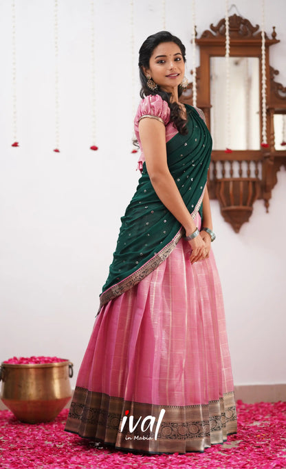 Izhaiyini Shade Of Light Pink And Dark Green Tone Organza Halfsaree Half Sarees