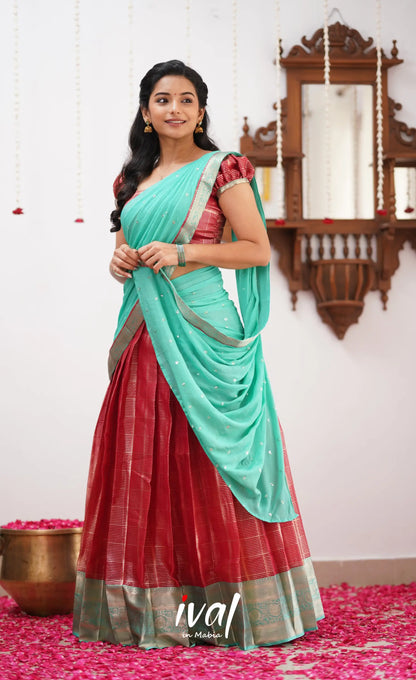 Izhaiyini Shade Of Red And Teal Tone Organza Halfsaree Half Sarees