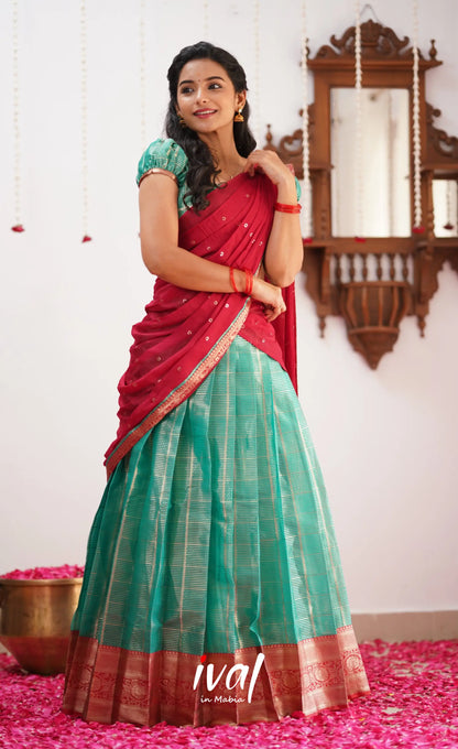 Izhaiyini Shade Of Teal And Red Tone Organza Halfsaree Half Sarees