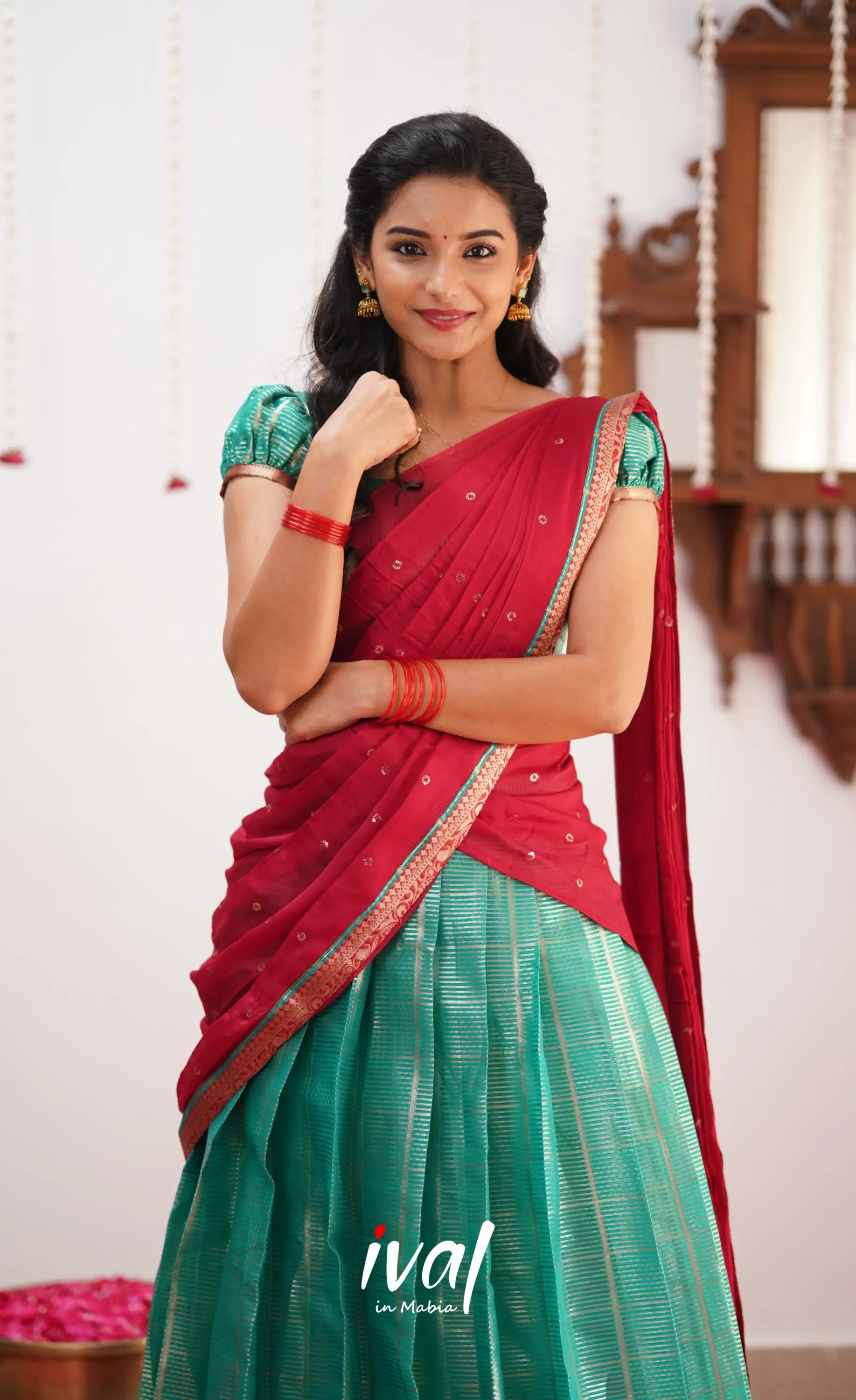 Izhaiyini Shade Of Teal And Red Tone Organza Halfsaree Half Sarees