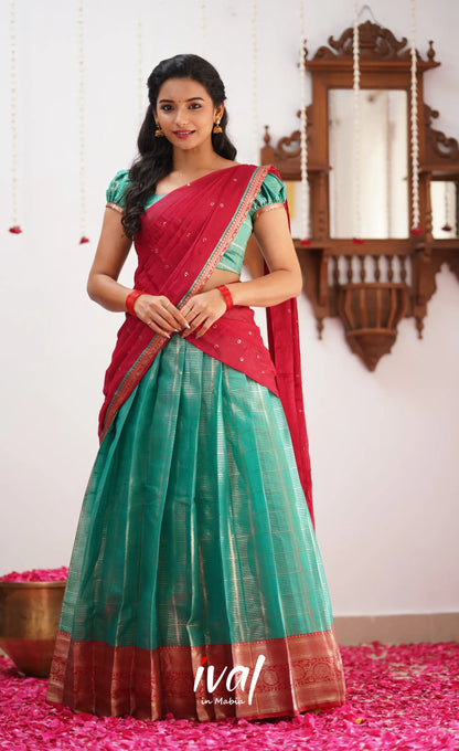 Izhaiyini Shade Of Teal And Red Tone Organza Halfsaree Half Sarees