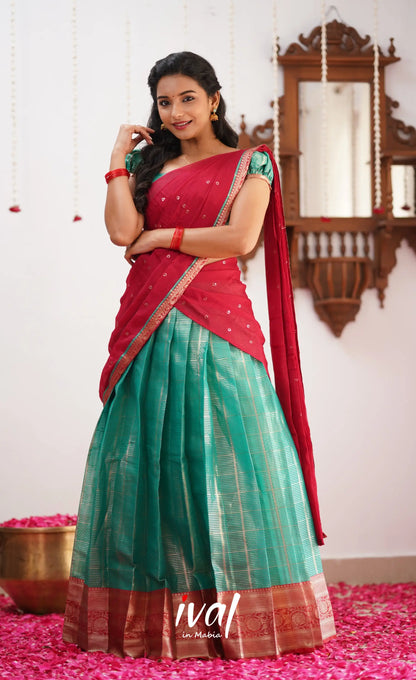 Izhaiyini Shade Of Teal And Red Tone Organza Halfsaree Half Sarees