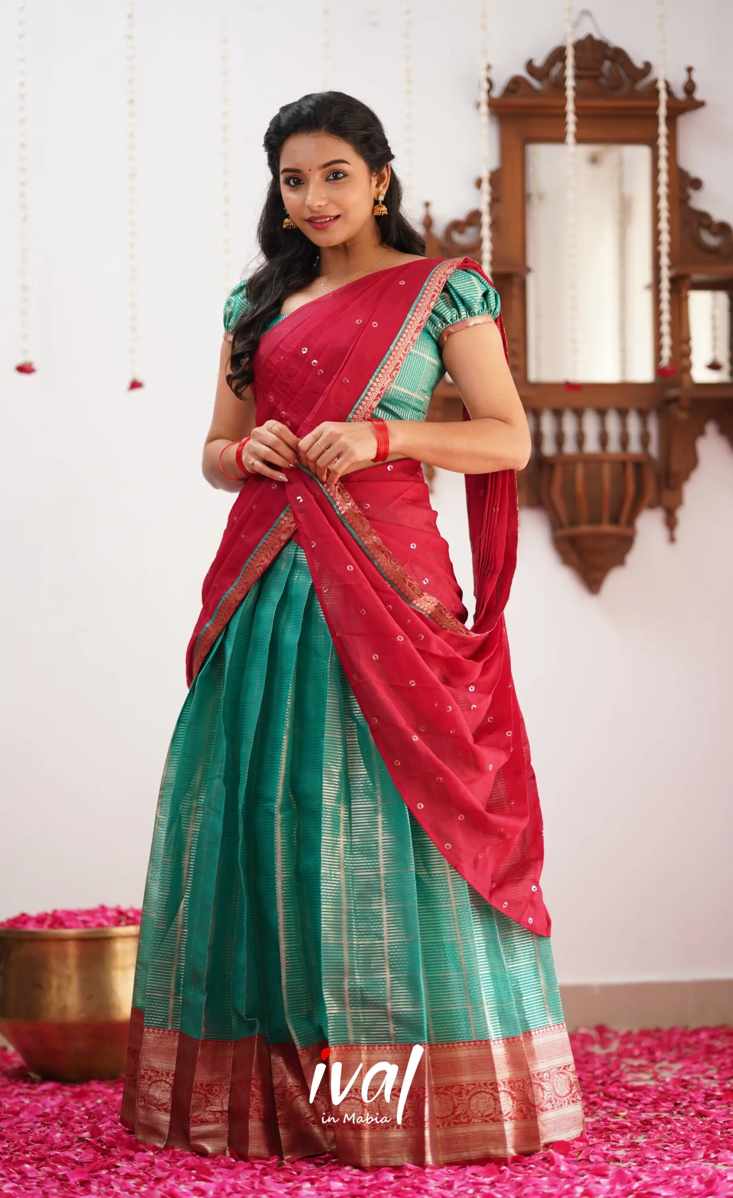 Izhaiyini Shade Of Teal And Red Tone Organza Halfsaree Half Sarees