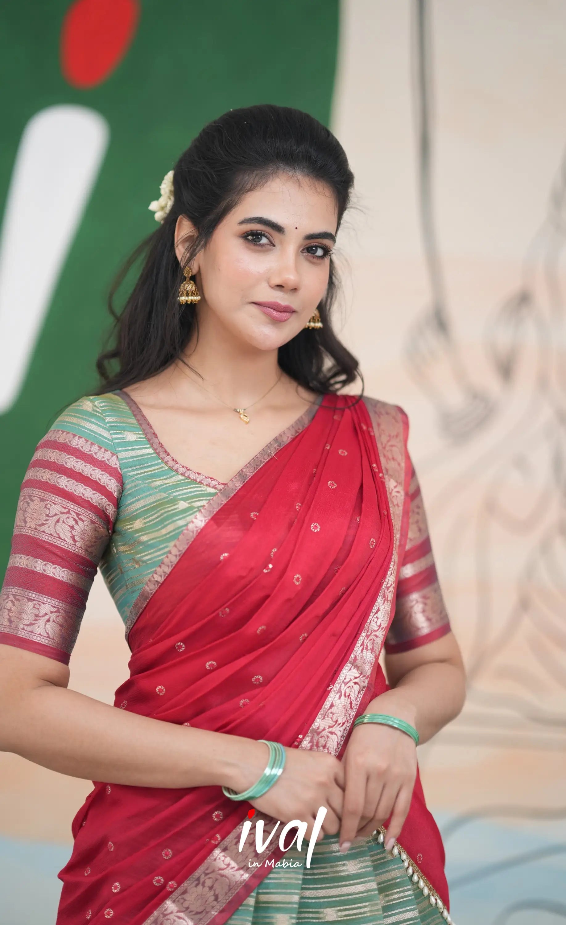 Izhaiyini Halfsaree - Two tone dark Green and Red Half Sarees