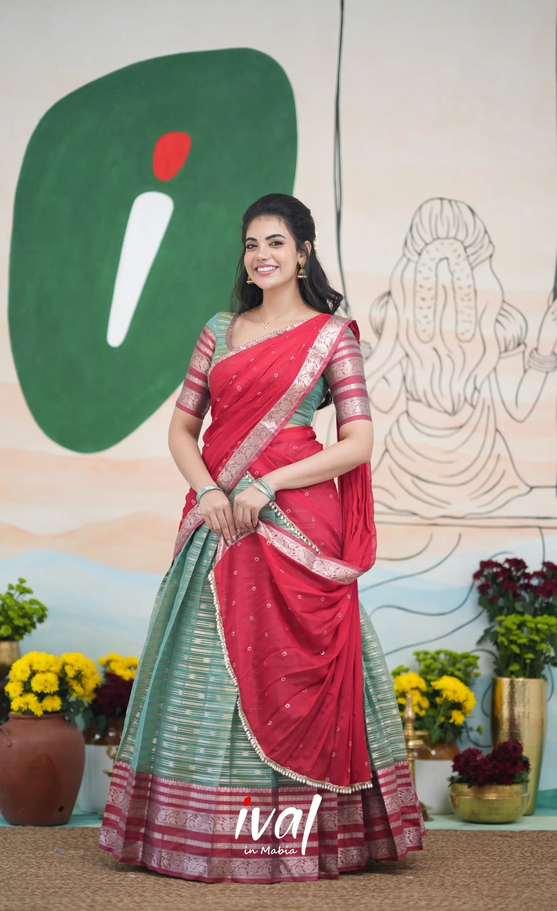 Izhaiyini Halfsaree - Two tone dark Green and Red Half Sarees