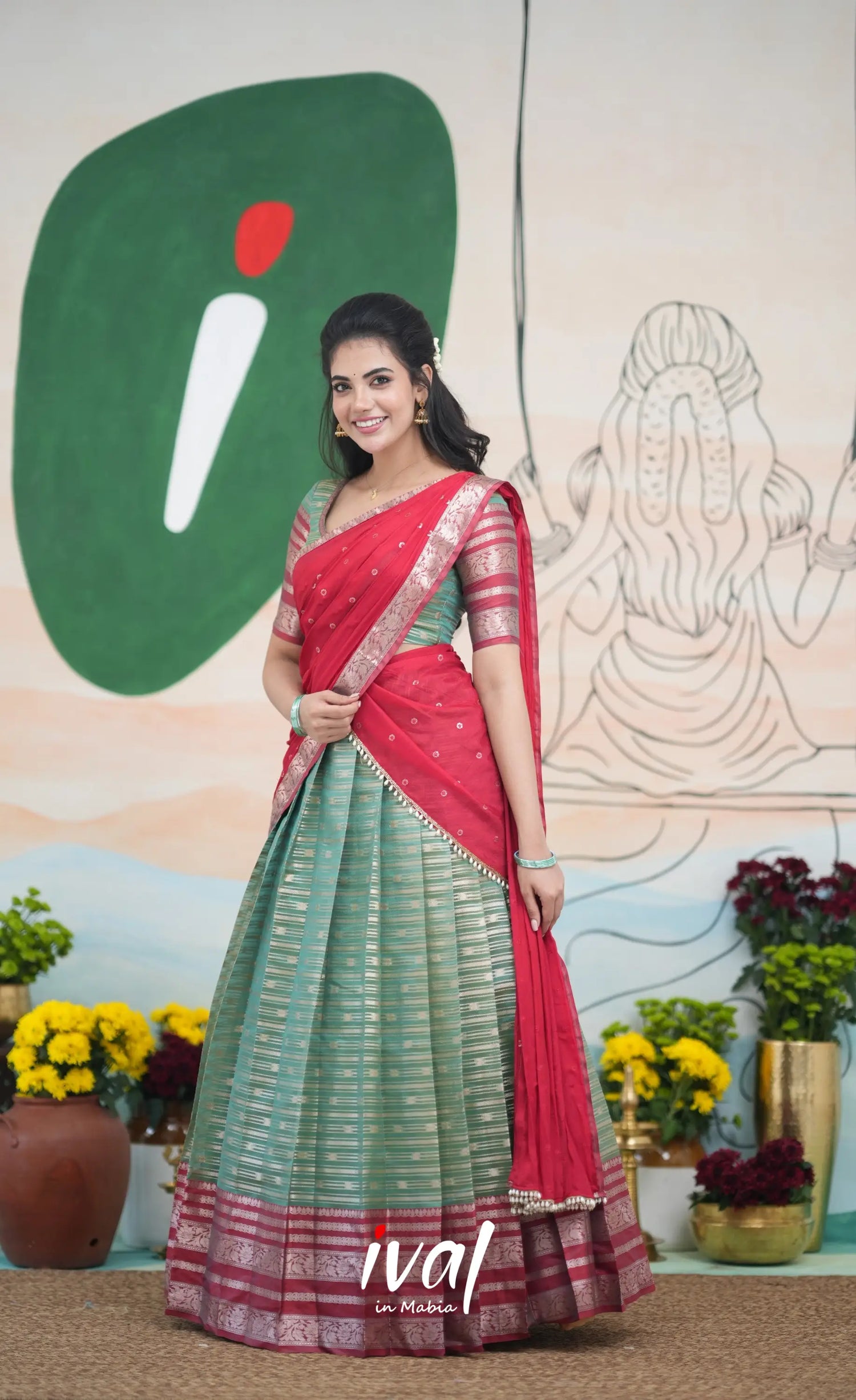 Izhaiyini Halfsaree - Two tone dark Green and Red Half Sarees