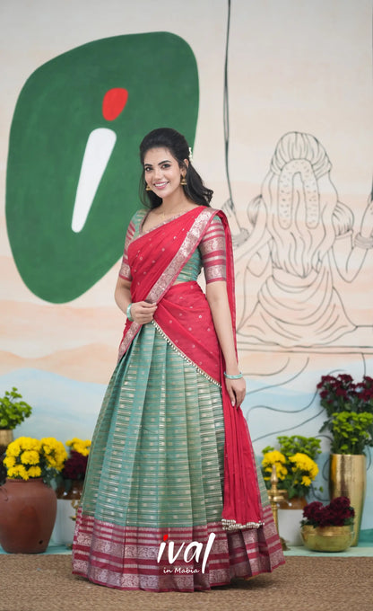 Izhaiyini Halfsaree - Two tone dark Green and Red Half Sarees