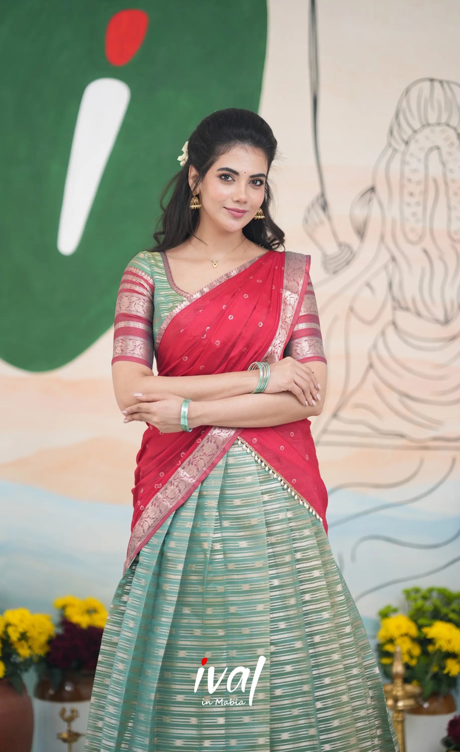 Izhaiyini Halfsaree - Two tone dark Green and Red Half Sarees