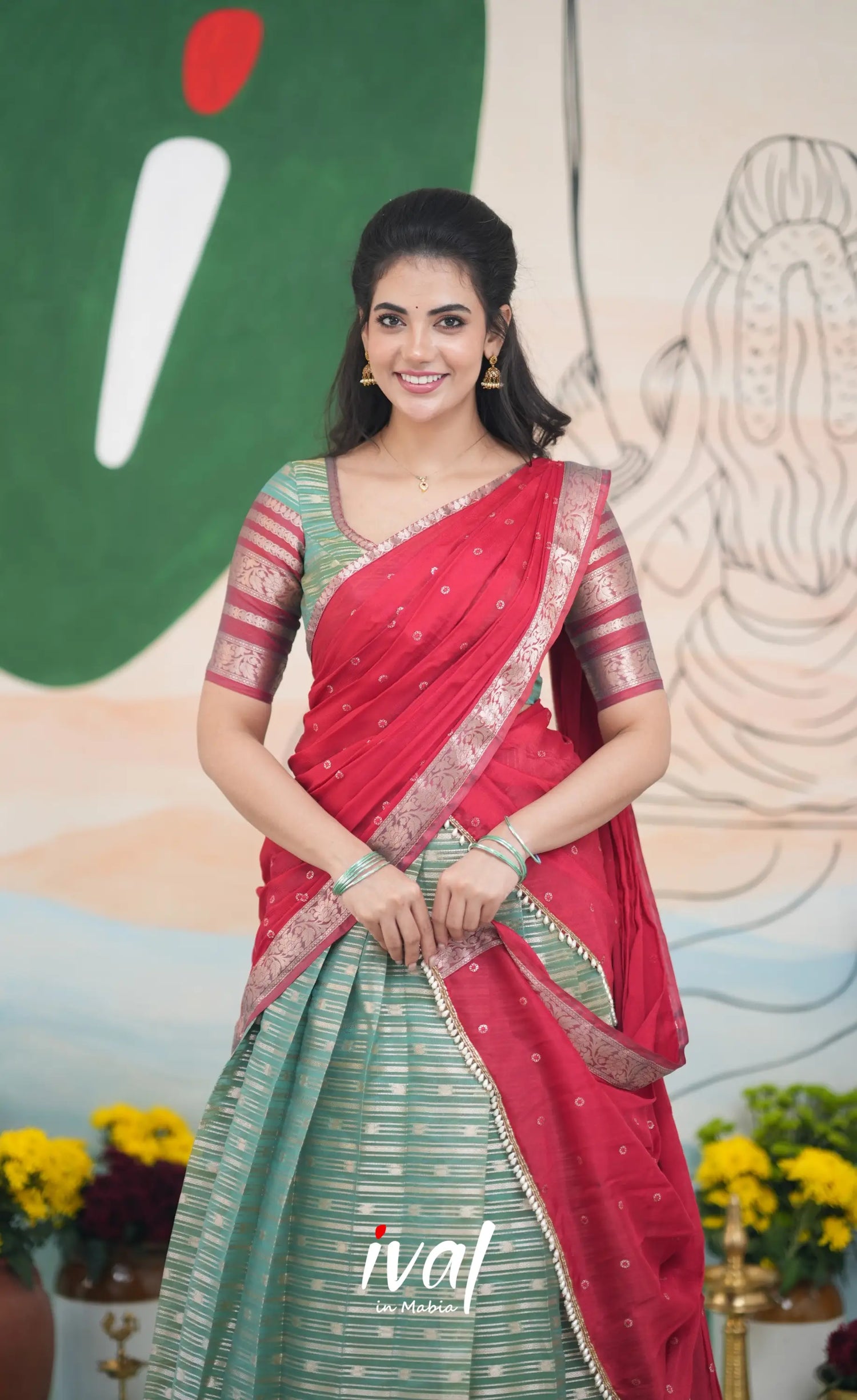 Izhaiyini Halfsaree - Two tone dark Green and Red Half Sarees