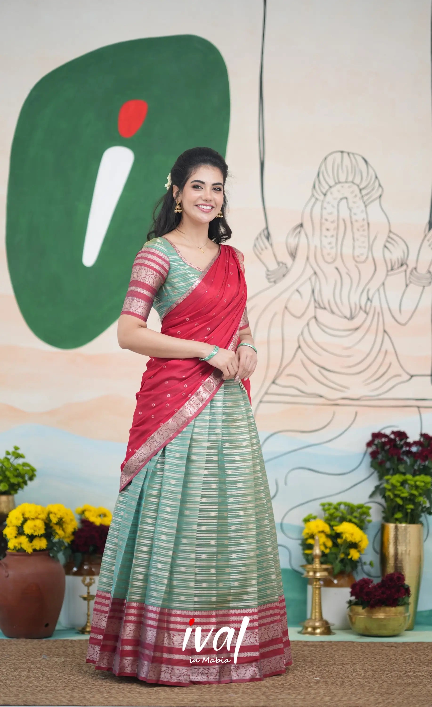 Izhaiyini Halfsaree - Two tone dark Green and Red Half Sarees