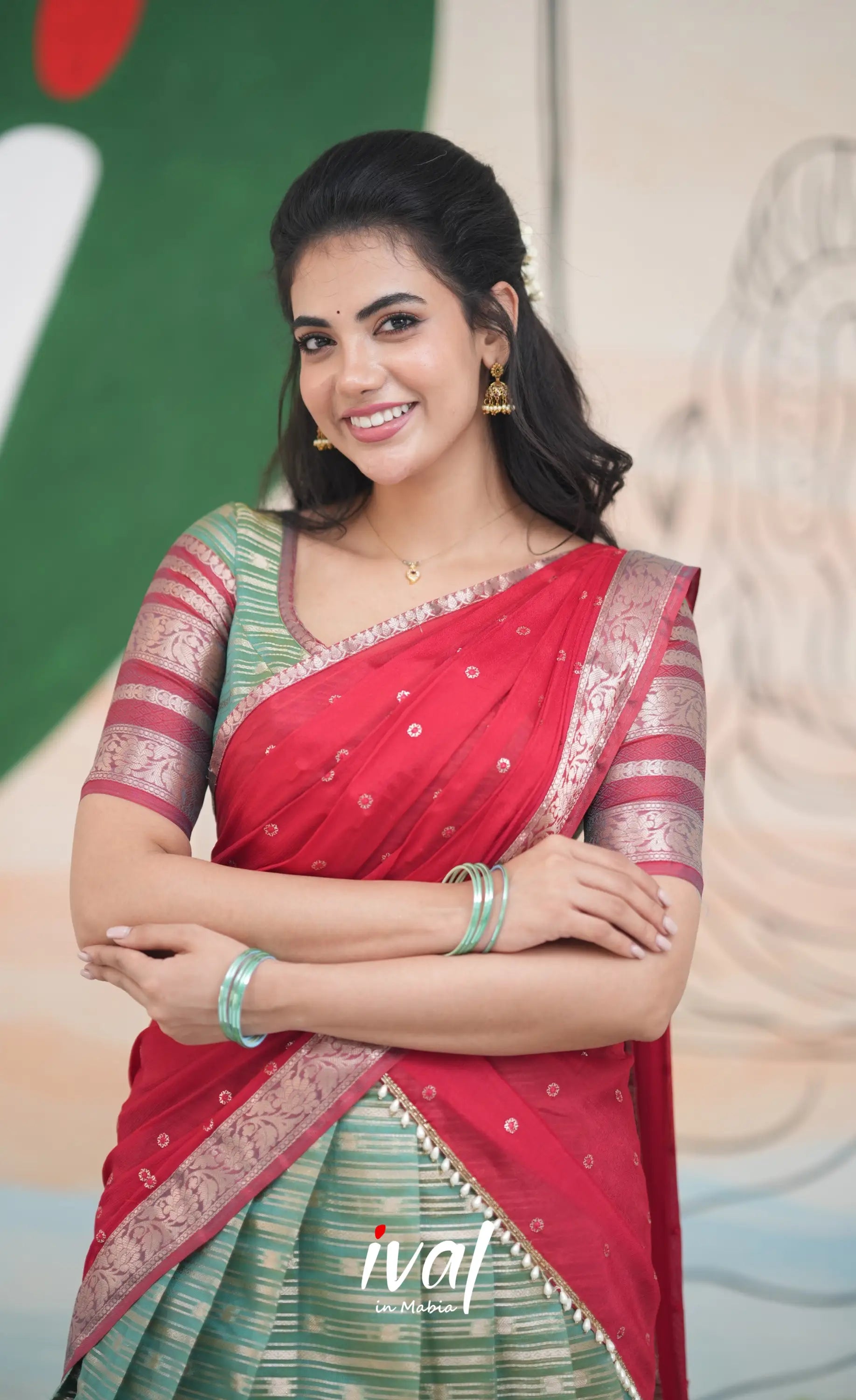 Izhaiyini Halfsaree - Two tone dark Green and Red Half Sarees