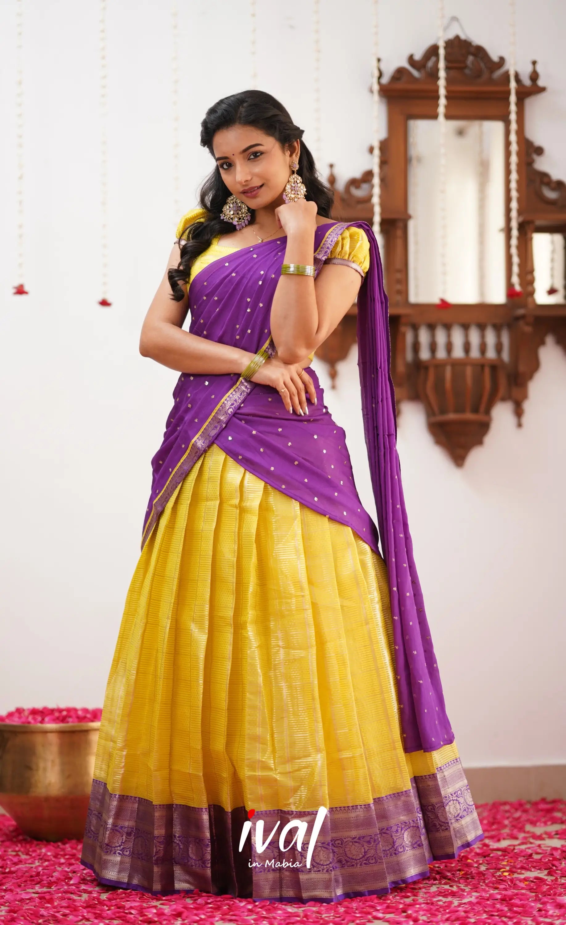 Izhaiyini Yellow Shade And Purple Tone Organza Halfsaree Half Sarees