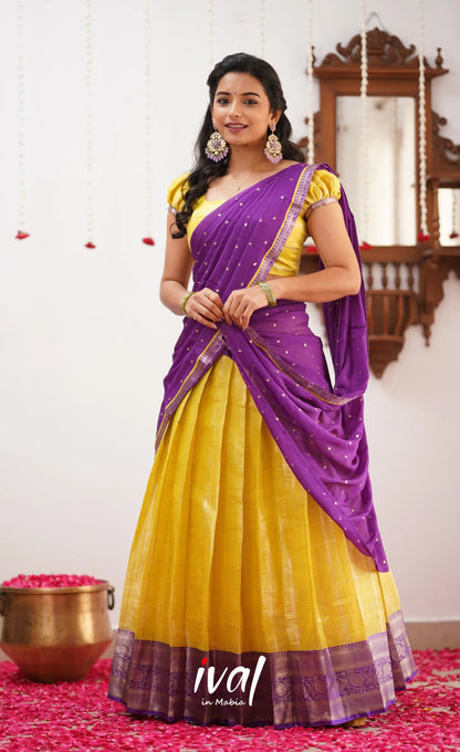 Izhaiyini Yellow Shade And Purple Tone Organza Halfsaree Half Sarees