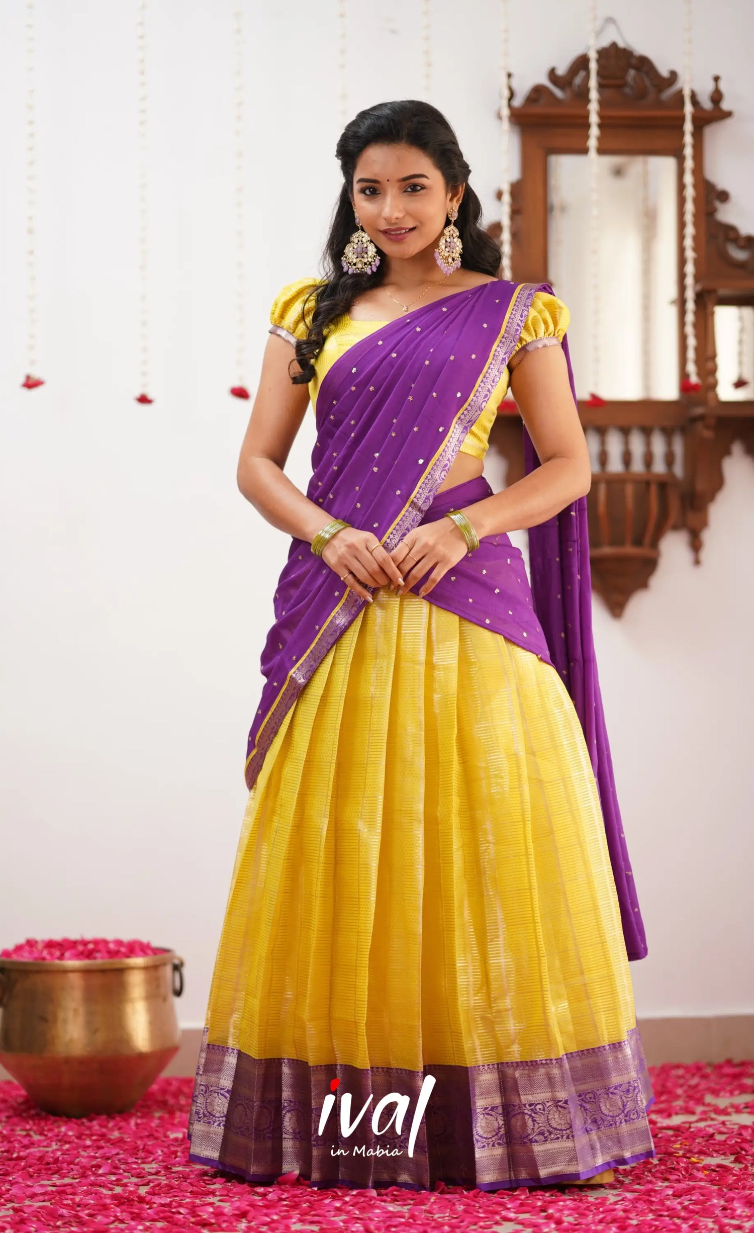 Izhaiyini Yellow Shade And Purple Tone Organza Halfsaree Half Sarees