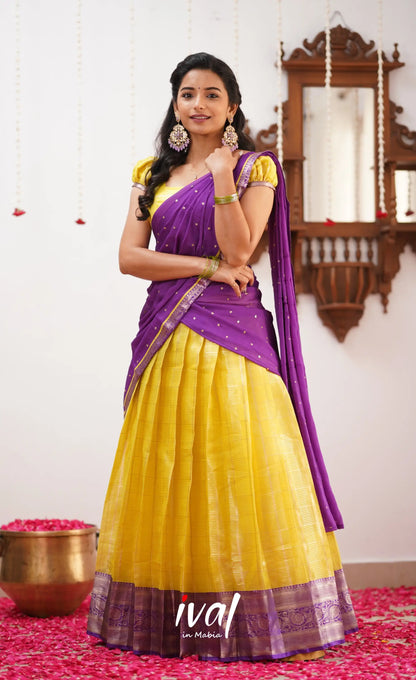 Izhaiyini Yellow Shade And Purple Tone Organza Halfsaree Half Sarees