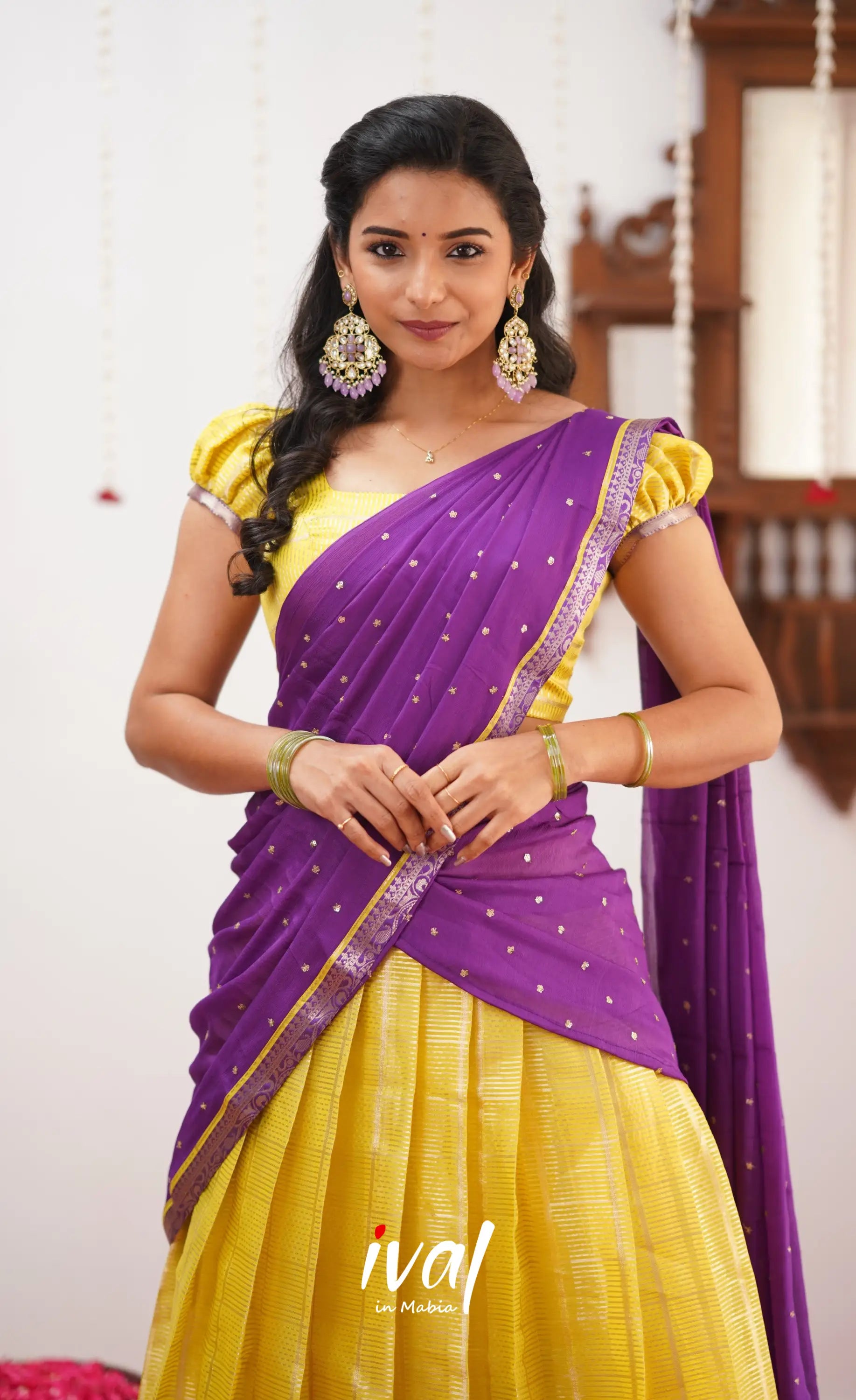 Izhaiyini Yellow Shade And Purple Tone Organza Halfsaree Half Sarees