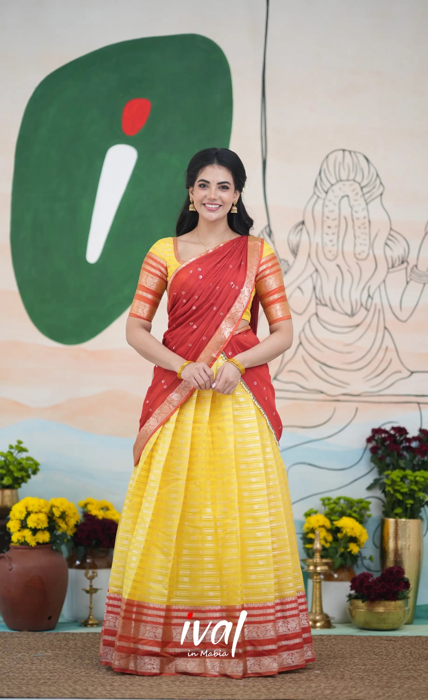 Izhaiyini Halfsaree - yellow and Rust Orange Half Sarees