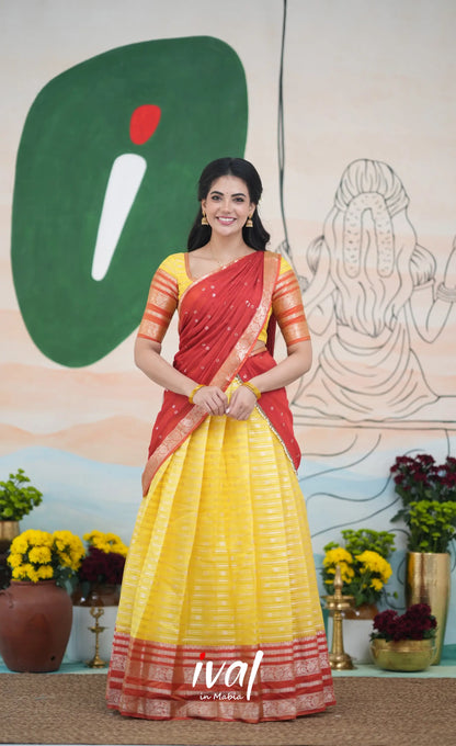 Izhaiyini Halfsaree - yellow and Rust Orange Half Sarees