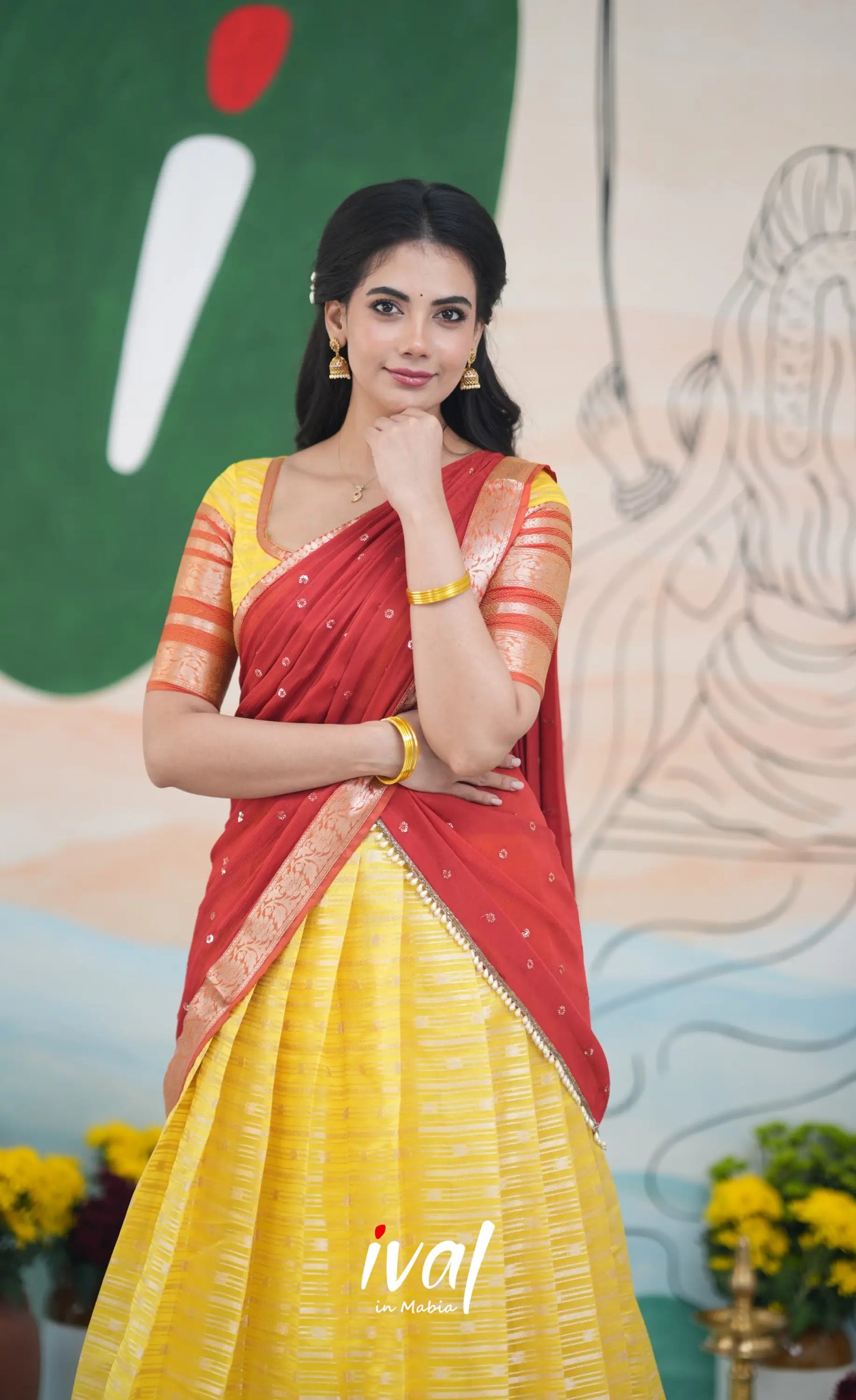 Izhaiyini Halfsaree - yellow and Rust Orange Half Sarees