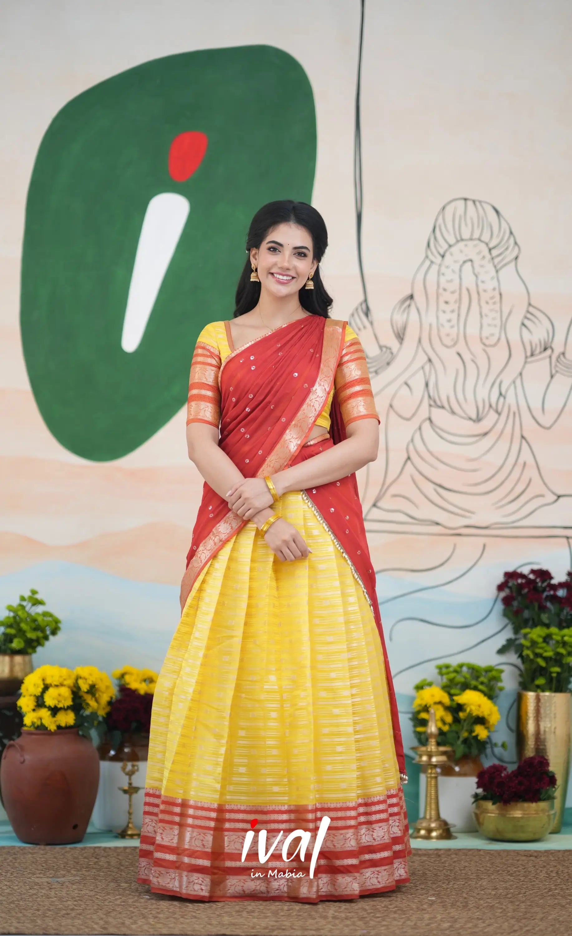 Izhaiyini Halfsaree - yellow and Rust Orange Half Sarees