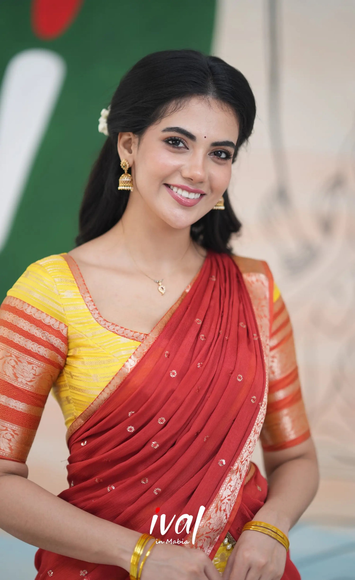 Izhaiyini Halfsaree - yellow and Rust Orange Half Sarees