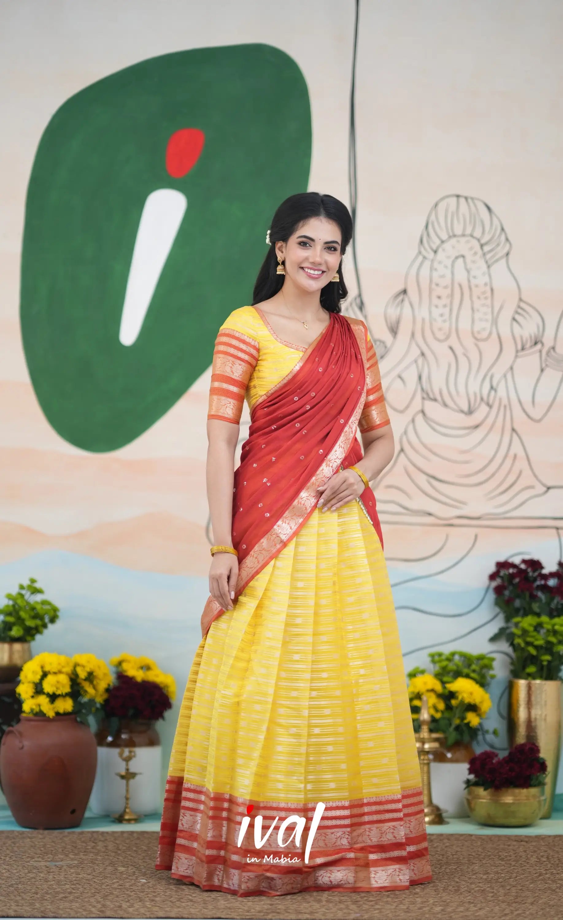 Izhaiyini Halfsaree - yellow and Rust Orange Half Sarees
