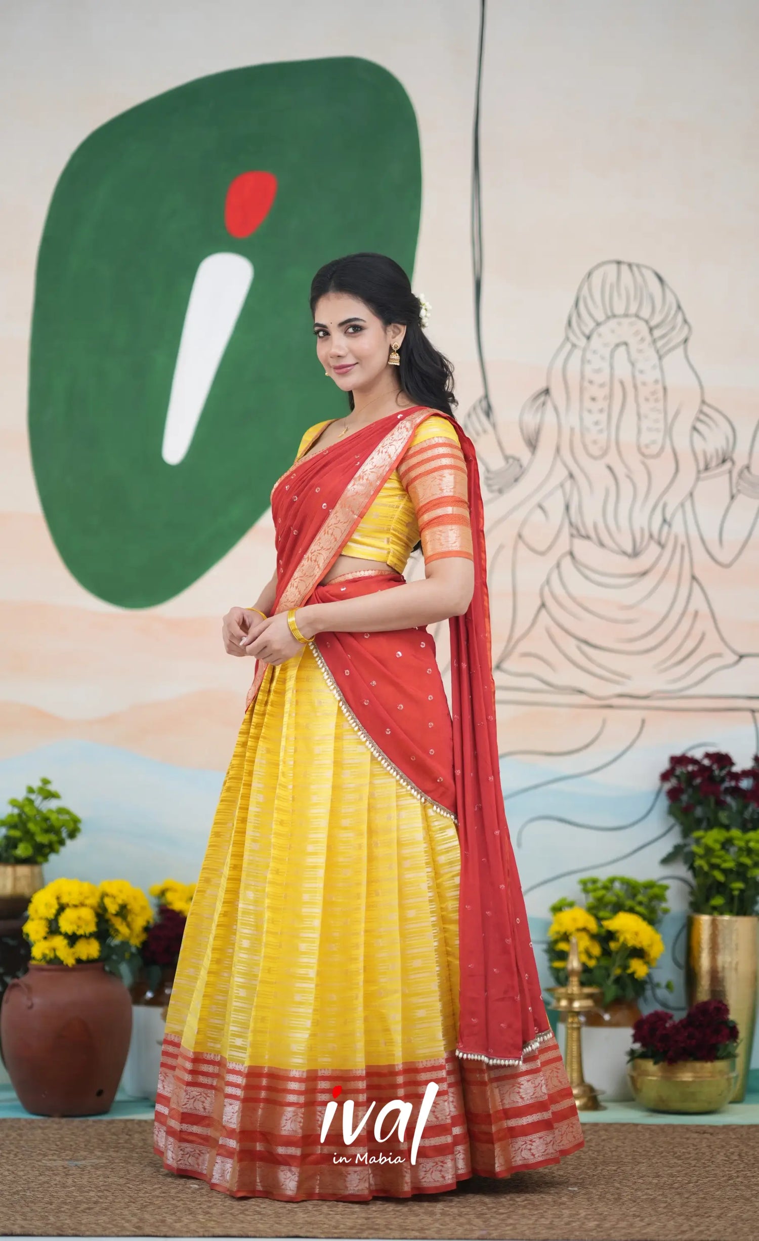Izhaiyini Halfsaree - yellow and Rust Orange Half Sarees