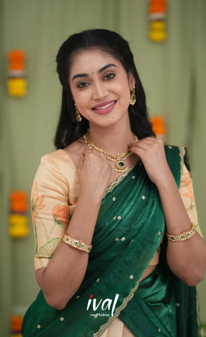 Izhaiyini Kota Halfsaree - Light Orange and Bottle Green Half Sarees