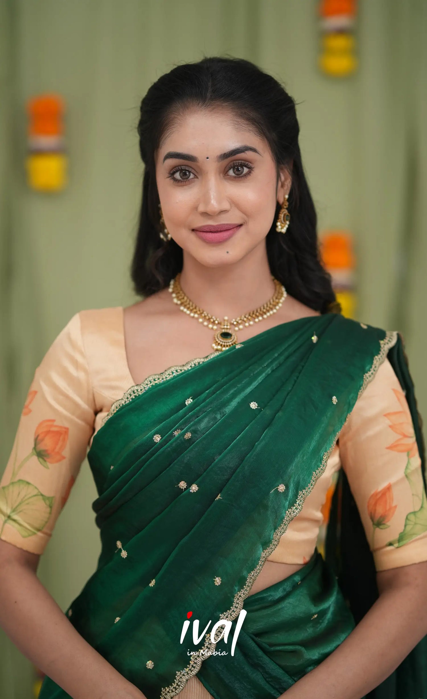 Izhaiyini Kota Halfsaree - Light Orange and Bottle Green Half Sarees