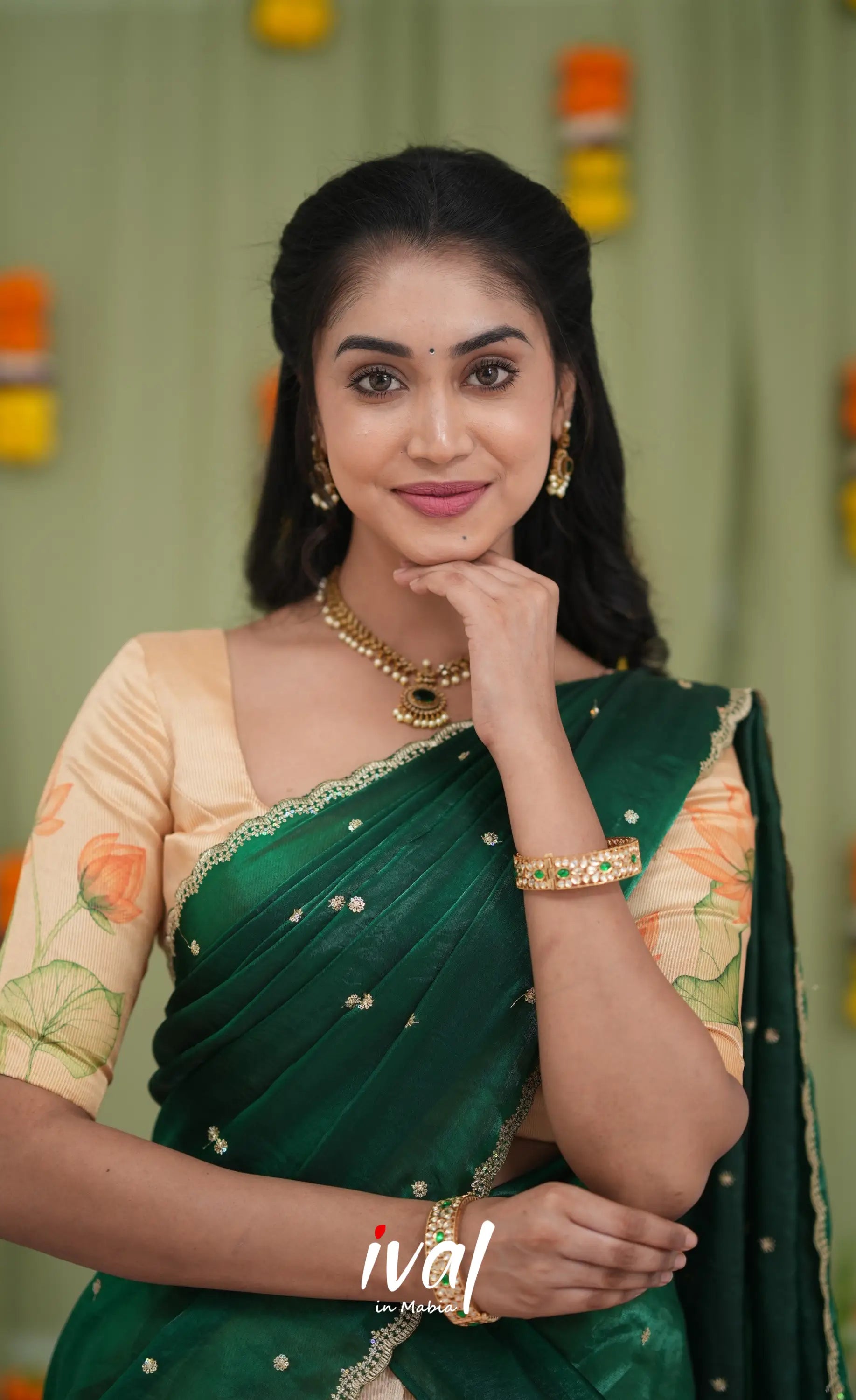 Izhaiyini Kota Halfsaree - Light Orange and Bottle Green Half Sarees