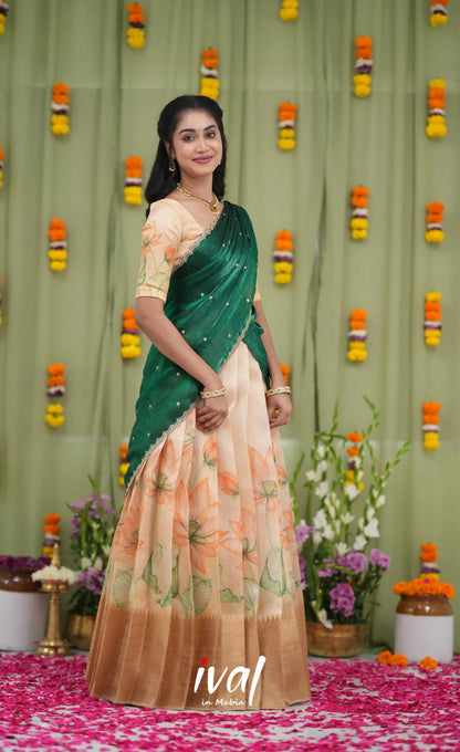 Izhaiyini Kota Halfsaree - Light Orange and Bottle Green Half Sarees