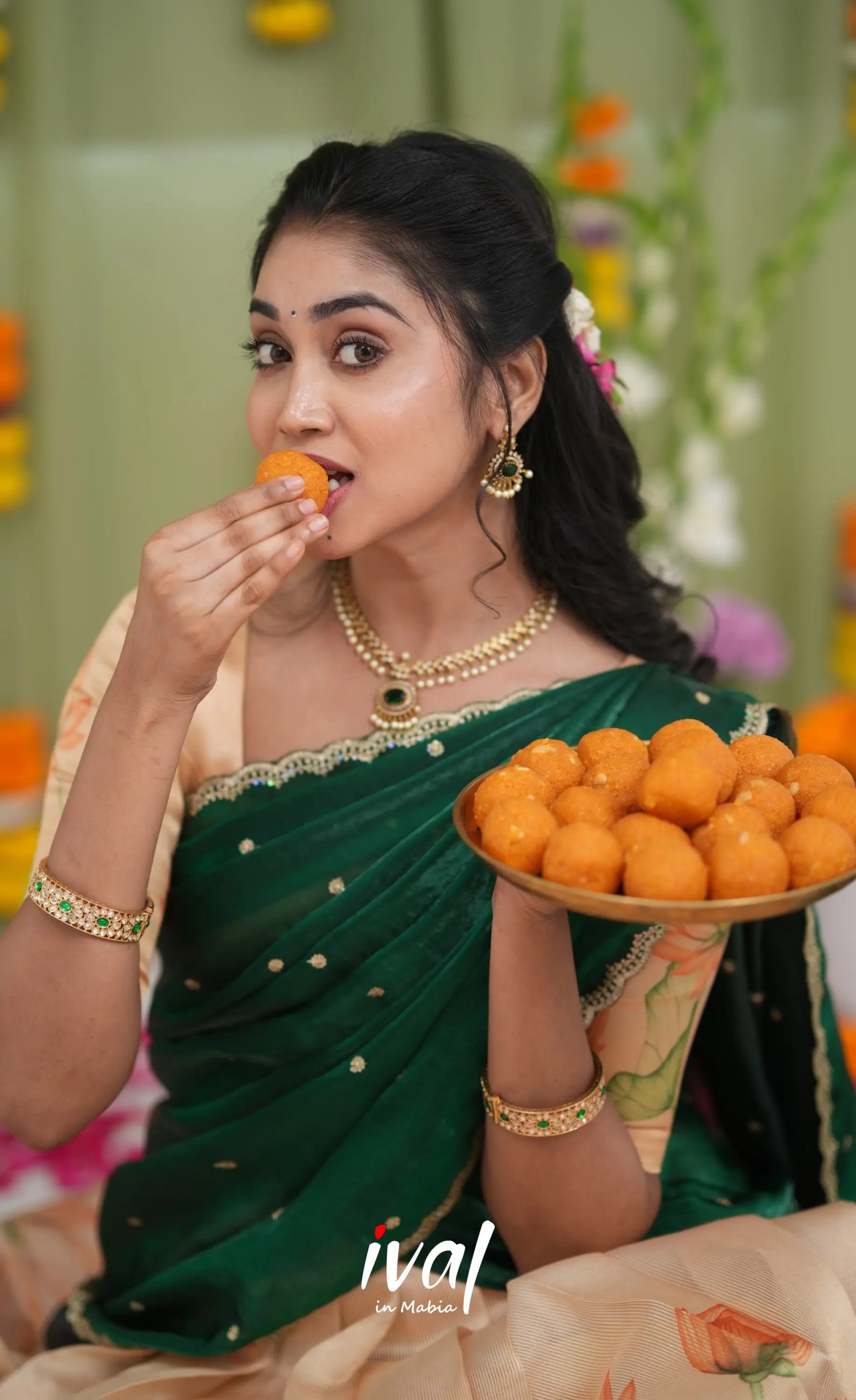 Izhaiyini Kota Halfsaree - Light Orange and Bottle Green Half Sarees