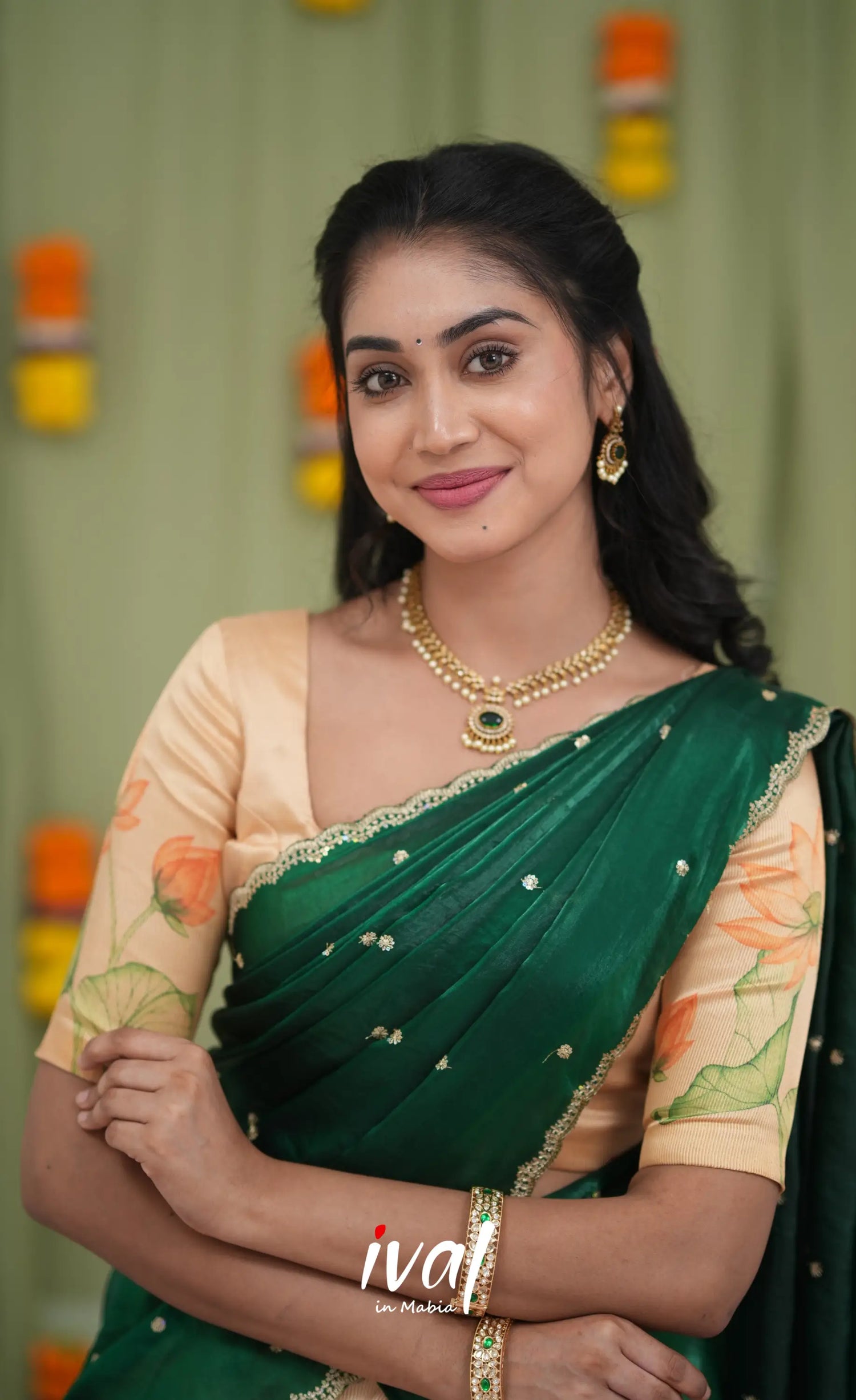 Izhaiyini Kota Halfsaree - Light Orange and Bottle Green Half Sarees