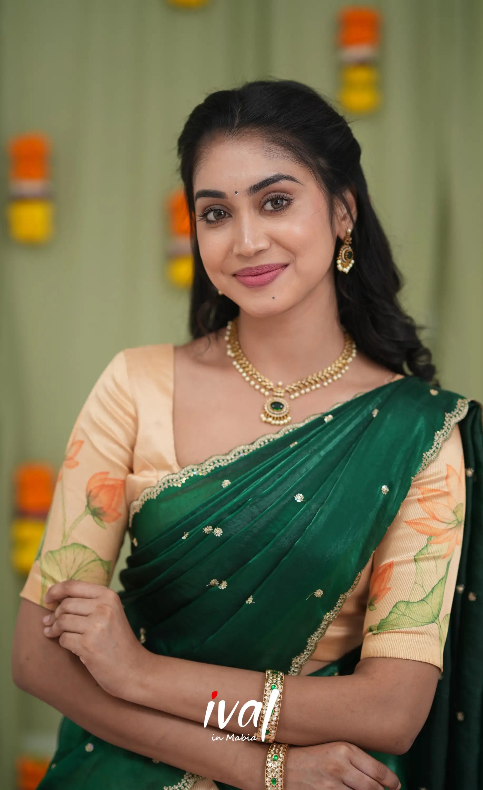 Izhaiyini Kota Halfsaree - Light Orange and Bottle Green Half Sarees