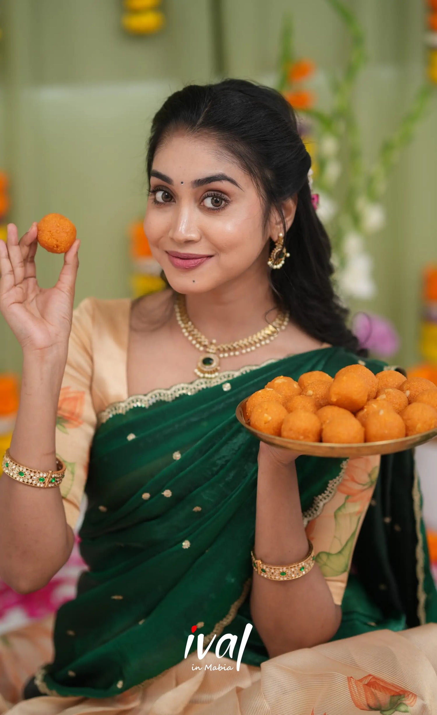 Izhaiyini Kota Halfsaree - Light Orange and Bottle Green Half Sarees