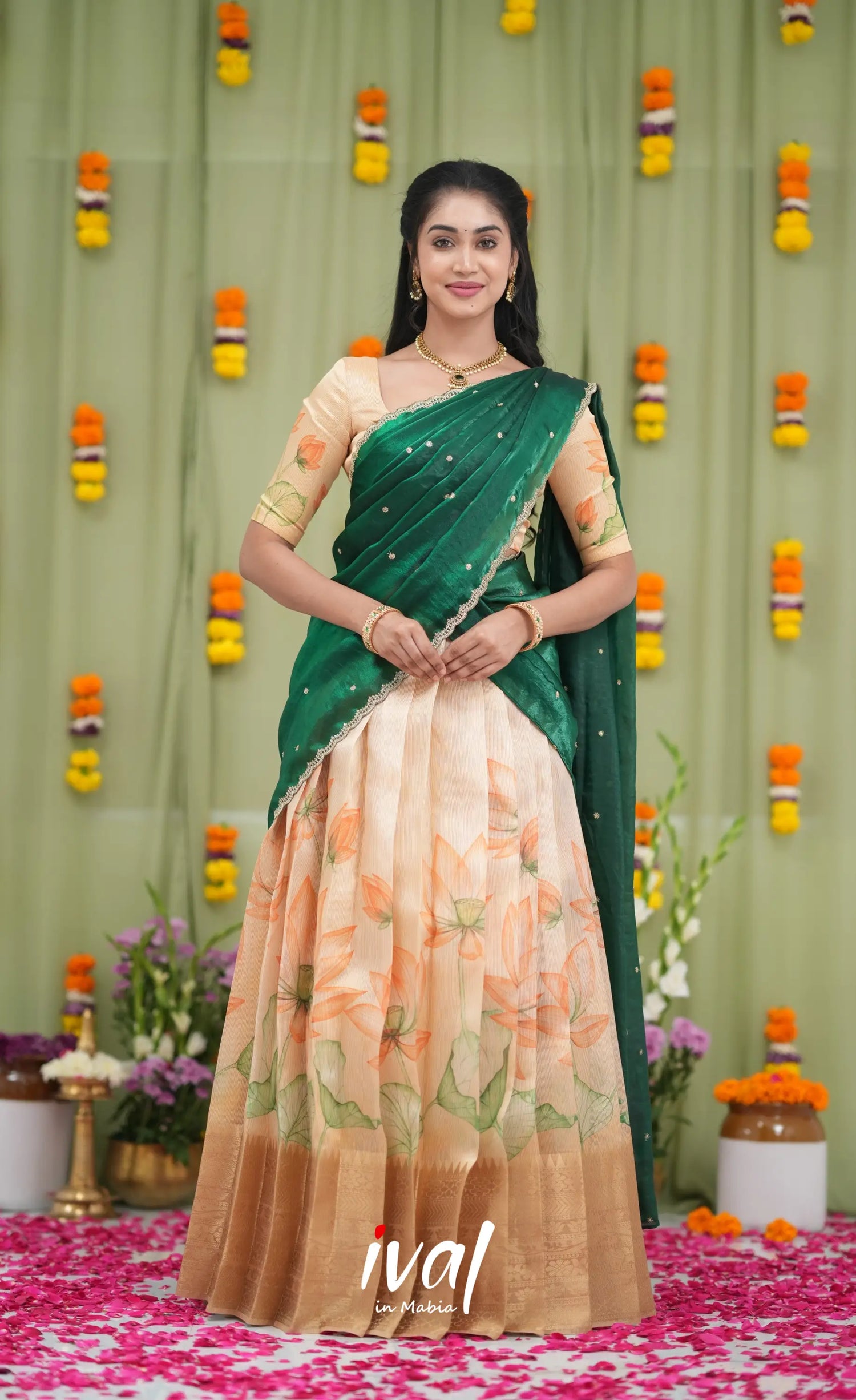 Izhaiyini Kota Halfsaree - Light Orange and Bottle Green Half Sarees