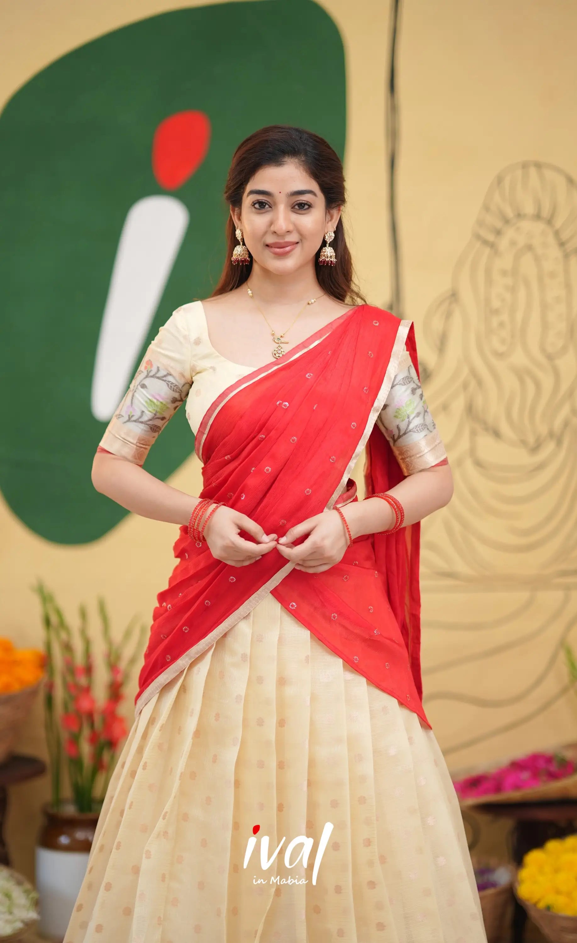 Izhaiyini Kota Halfsaree - Off white and Red - Half Sarees