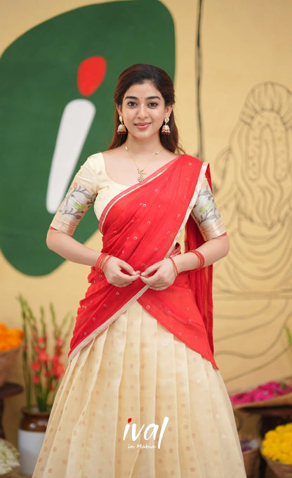 Izhaiyini Kota Halfsaree - Off white and Red - Half Sarees