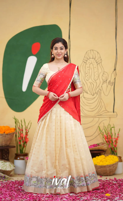Izhaiyini Kota Halfsaree - Off white and Red - Half Sarees