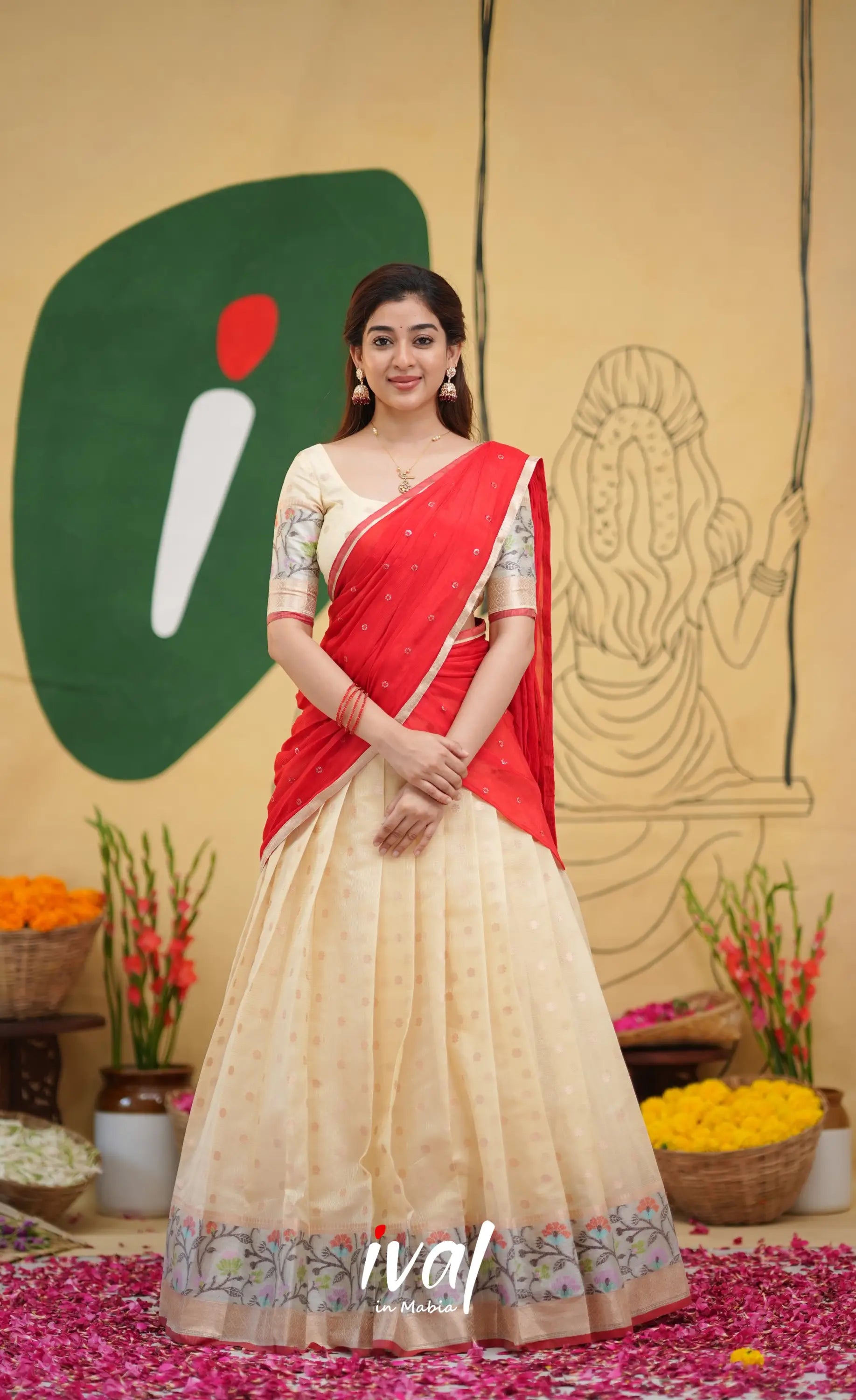 Izhaiyini Kota Halfsaree - Off white and Red - Half Sarees