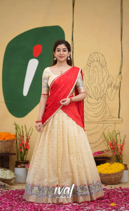 Izhaiyini Kota Halfsaree - Off white and Red - Half Sarees